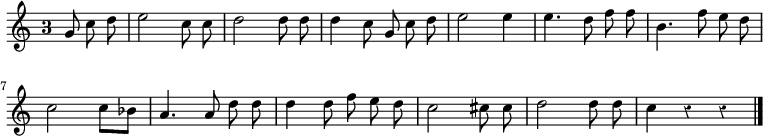 
\relative c'' {
  \override Rest #'style = #'classical
  \override Staff.TimeSignature #'style = #'single-digit
  \time 3/4
  \partial 4.
  \autoBeamOff
  g8 c d
  e2 c8 c
  d2 d8 d
  d4 c8 g c d
  e2 e4
  e4. d8 f f
  b,4. f'8 e d

  c2 c8[ bes]
  a4. a8 d d
  d4 d8 f e d
  c2 cis8 cis
  d2 d8 d
  c4 r r
  \bar "|."
}
