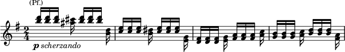 \new Staff \relative c'''{\key g \major \time 2/4 \set Score.tempoHideNote = ##t \tempo "" 4=126 \stemUp <b d>16_\markup{\center-align \dynamic p \italic scherzando}^\markup{\smaller \center-align (Pf.)}[ q q] \once \stemDown <ais cis> <b d>[ q q] \once \stemDown <b, d> <c e>[ q q] \once \stemDown <b dis> <c e>[ q q] \once \stemDown <e, g> <d fis>[ q q] \once \stemDown <e g> <fis a>[ q q] \once \stemDown <a c> <g b>[ q q] \once \stemDown <a c> <b d>[ q q] \once \stemDown <fis a>  } 