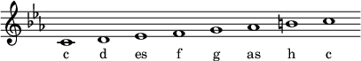 
\relative c'{
\key c \minor
\override Staff.TimeSignature #'stencil = ##f
\cadenzaOn c1 d es f g as h c \cadenzaOff
}
\addlyrics { \small {
c d es f g as h c
} }
