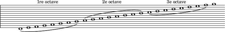  % p48s3
\relative c {
\override Staff.TimeSignature #'transparent = ##t
\override Staff.BarLine #'transparent = ##t
\override Staff.Clef #'transparent = ##t
\override Score.SpacingSpanner #'packed-spacing = ##t
\override Score.BarNumber #'break-visibility = ##(#f #f #f)
\override Staff.StaffSymbol #'line-count = #12
\startStaff 
d1\( e f g \mark \markup \fontsize #-2 "1re octave" a b c d\) 
e1\( f g a \mark \markup \fontsize #-2 "2e octave" b c d e\)
\once \override PhrasingSlur #'direction = #-1
f1\( g a b \mark \markup \fontsize #-2 "3e octave" c d e f\) g s
}
