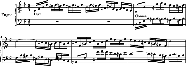 
\version "2.18.2"
\header {
 tagline = ##f
}

Dux = { e16_\markup{Dux} g b e dis e d e cis e c e | b e dis e ais, cis g fis g ais fis e }
ContreSujet = { d8 b' r16 fis'16 g fis e d cis e d4~ d16 cis b ais b cis ais b }
Comes = { b16^\markup{Comes} d fis b ais b a b gis b g b fis b ais b eis, gis d cis d e cis b }

upper = \relative c' {
 \clef treble 
 \key e \minor
 \time 3/4
 \tempo 4 = 126
 \set Staff.midiInstrument = #"harpsichord"

 %% FUGUE CBT I-10, BWV 855, mi mineur
 \Dux \ContreSujet cis16 fis, ais cis e ais, cis e g fis e g fis e d cis b ais gis fis d'4~

}

lower = \relative c {
 \clef bass 
 \key e \minor
 \time 3/4
 \set Staff.midiInstrument = #"harpsichord" 
 
 R2.*2 \Comes ais8 fis' r16 fis'16 g fis e d cis e d4~ d16 cis b ais b cis a b
 
}

\score {
 \new PianoStaff <<
 \set PianoStaff.instrumentName = #"Fugue"
 \new Staff = "upper" \upper
 \new Staff = "lower" \lower
 >>
 \layout {
 \context {
 \Score
 \remove "Metronome_mark_engraver"
 }
 }
 \midi { }
}
