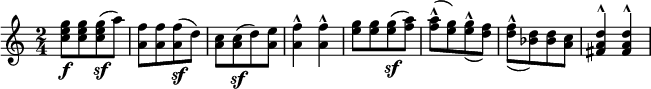 
\relative c'' {  
  \new Staff  
   { \key c \major  \time 2/4
    <g' e c>8\f[ <g e c> <g e c>\sf( a)] | <f a,>[ <f a,> <f a,>\sf( d)] | <c a>[ <c a>\sf( d) <e a,>]| <f a,>4^^ <f a,>^^ |
    <g e>8[ <g e> <g e>\sf( <a f>)] | <a f>^^_[( <g e>) <g e>^^_( <f d>)] | <f d>^^_([ <d bes>) <d bes> <c a> ]| <d a fis>4^^ <d a fis>^^ |
   }}
