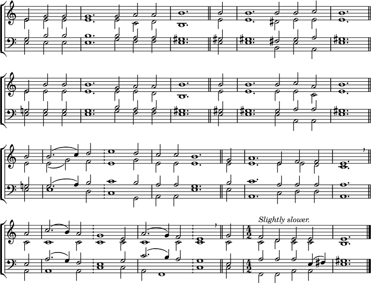 
\new ChoirStaff <<
  \new Staff { \clef treble \time 6/2 \key c \major \partial 1. \set Staff.midiInstrument = "church organ" \omit Staff.TimeSignature \set Score.tempoHideNote = ##t \override Score.BarNumber  #'transparent = ##t 
  \relative c'
  << { e2 g g | g1. g2 a a | \time 4/2 b1. \bar"||" b2 | \time 6/2 b1. b2 b c | b1. \bar"||" \break
       e,2 b' b | b1. g2 a a | \time 4/2 b1. \bar"||" b2 | \time 6/2 b1. b2 c a | \time 4/2 b1. \bar"||" \break
       b2 | \time 6/2 b2.( c4) d2 \bar"!" e1 d2 | c c b1. \bar"||" g2 | a1. e2 f f | \time 4/2 e1. \breathe \bar"||" \break
       a2 | \time 6/2 c2.( b4) a2 \bar"!" g1 e2 | a2.( g4) f2 \bar"!" e1 \breathe \bar"||" g2 | \undo \omit Staff.TimeSignature \time 4/2 ^\markup \italic "Slightly slower." f d e e | e1. \bar"|." } \\
  { e2 e e | e1. e2 c d | b1. e2 | e1. dis2 e e | e1.
    e2 e e | e1. e2 e d | b1. e2 | e1. e2 e c | e1.
    e2 | e( g) f e1 g2 | e e e1. e2 | e1. e2 e d | c1.
    c2 | c1 c2 c1 c2 | c1 c2 c1 c2 | c d c c | b1. } >>
  } 
\new Staff { \clef bass \key c \major \set Staff.midiInstrument = "church organ" \omit Staff.TimeSignature \override Staff.NoteHead.style = #'altdefault
  \relative c'
  << { g2 b b | b1. b2 a a | gis1. gis!2 | gis1. fis2 gis a | gis1.
       g!2 g g | g1. b2 a a | gis1. gis!2 | gis1. gis2 a a | gis1.
       g!2 g2.( a4) b2  c1 b2 | a a g1. b2 | c1. a2 a a | a1.
       e2 | a2.( g4) f2 e1 g2 | c2.( b4) a2 g1 e2 | \undo \omit Staff.TimeSignature a a a e4( fis) | gis1. } \\
  { e2 e e | e1. g2 f f | e1. e2 | e1. b2 e a, | e'1.
    e2 e e | e1. g2 f f | e1. e2 | e1. e2 a, a | e'1.
    e2 | e1 d2 c1 g2 | a a e'1. e2 | a,1. c2 d d | a1.
    a2 | a1 a2 c1 c2 | a2 f1 c'1 c2 | f, f a a | e'1. } >>
  } 
>>
\layout { indent = #0 }
\midi { \tempo 2 = 84 }
