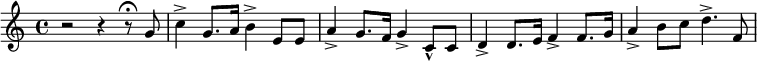 
\relative c'{
r2 r4 r8\fermata g'
c4-> g8. a16 b4-> e,8 e
a4-> g8. f16 g4-> c,8-^ c
d4-> d8. e16 f4-> f8. g16
a4-> b8 c d4.-> f,8
}
