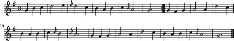 
\relative c'' {
  \key g \major
  \override Staff.TimeSignature #'style = #'single-digit
  \time 3/4
  \autoBeamOff
  \repeat volta 2 {
    g4 b c
    d2 e4
    \grace e8 d2 c4
    b a b
    c \grace b8 a2
    g2.
  }
  g4 fis g
  a2 a4
  d2 c4
  b a b

  c \grace c8 b2
  \grace b8 a2.
  g4 fis g
  a2 a4
  d2 c4
  b a b
  c \grace b8 a2
  g2.
  \bar "|."
}
