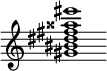 {
  % Rivin lopun pystyviiva ja tahtiosoitus piiloon.
  \override Score.BarLine.break-visibility = ##(#f #t #t)
  \override Staff.TimeSignature #'stencil = ##f
  
  <gis' bis' dis'' fis'' aisis'' eis'''>1
}
