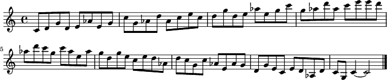 
{

\modalTranspose c c' { c d e g aes } { c8 d g } 
\modalTranspose c d' { c d e g aes } { c d g } 
\modalTranspose c e' { c d e g aes } { c d g } 
\modalTranspose c g' { c d e g aes } { c d g } 
\modalTranspose c aes' { c d e g aes } { c d g } 
\modalTranspose c c'' { c d e g aes } { c d g } 
\modalTranspose c d'' { c d e g aes } { c d g } 
\modalTranspose c e'' { c d e g aes } { c d g } 
\modalTranspose c g'' { c d e g aes } { c d g } 
\modalTranspose c aes'' { c d e g aes } { c d g } 

\modalInversion c e''' { c d e g aes } { c d g } 
\modalInversion c d''' { c d e g aes } { c d g } 
\modalInversion c c''' { c d e g aes } { c d g } 
\modalInversion c aes'' { c d e g aes } { c d g } 
\modalInversion c g'' { c d e g aes } { c d g } 
\modalInversion c e'' { c d e g aes } { c d g } 
\modalInversion c d'' { c d e g aes } { c d g } 
\modalInversion c c'' { c d e g aes } { c d g } 
\modalInversion c aes' { c d e g aes } { c d g } 
\modalInversion c g' { c d e g aes } { c d g } 
\modalInversion c e' { c d e g aes } { c d g } 
\modalInversion c d' { c d e g aes } { c d g } 

c'4~ c'2

\bar "|."
}
