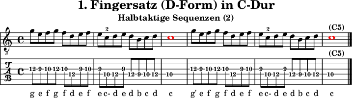 
\version "2.20.0"
\header {
  title="1. Fingersatz (D-Form) in C-Dur"
  subtitle="Halbtaktige Sequenzen (2)"
}
%% Diskant- bzw. Melodiesaiten
Diskant = \relative c'' {
  \set TabStaff.minimumFret = #9
  \set TabStaff.restrainOpenStrings = ##t
  \key c \major
  g8 e f g f d e f
  e c-2 d e d b c d  \once \override NoteHead #'color = #red c1 
  g'8 e f g f d e f
  e c-2 d e d b c d   \once \override NoteHead #'color = #red c1^\markup { \bold {(C5)} }
  \bar "|."
}

%% Layout- bzw. Bildausgabe
\score {
  <<
    \new Voice  { 
      \clef "treble_8" 
      \time 4/4  
      \tempo 4 = 120 
      \set Score.tempoHideNote = ##t
      \Diskant \addlyrics {
        g8 e f g f d e f
  e c-2 d e d b c d  c
  g'8 e f g f d e f
  e c-2 d e d b c d c
      }
    }
    \new TabStaff { \tabFullNotation \Diskant }
  >>
  \layout {}
}

%% Midiausgabe mit Wiederholungen, ohne Akkorde
\score {
  <<
    \unfoldRepeats {
      \new Staff  <<
        \tempo 4 = 120
        \time 4/4
        \set Staff.midiInstrument = #"acoustic guitar (nylon)"
        \clef "G_8"
        \Diskant
      >>
    }
  >>
  \midi {}
}
%% unterdrückt im raw="!"-Modus das DinA4-Format.
\paper {
  indent=0\mm
  %% DinA4 = 210mm - 10mm Rand - 20mm Lochrand = 180mm
  line-width=180\mm
  oddFooterMarkup=##f
  oddHeaderMarkup=##f
  % bookTitleMarkup=##f
  scoreTitleMarkup=##f
}
