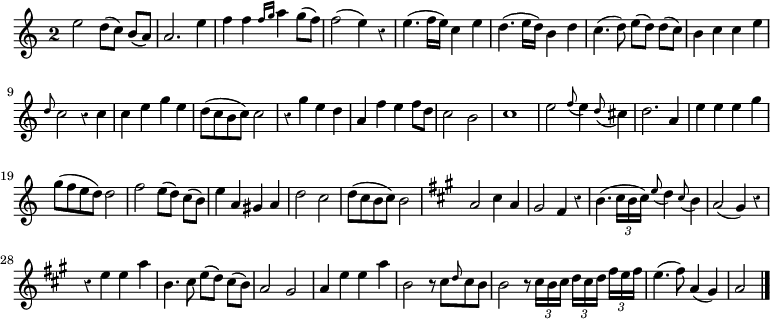 
\relative c'' {
  \override Rest #'style = #'classical
  \key a \minor
  \override Staff.TimeSignature #'style = #'single-digit
  \time 2/2
  e2 d8[( c]) b( a)
  a2. e'4
  f f \grace { f16[ g] } a4 g8( f)
  f2( e4) r
  e4.( f16 e) c4 e
  d4.( e16 d) b4 d

  c4.( d8) e[( d]) d( c)
  b4 c c e
  \grace d8 c2 r4 c
  c e g e
  d8( c b c) c2
  r4 g' e d
  a f' e f8 d
  c2 b

  c1
  e2 \appoggiatura f8 e4 \appoggiatura d8 cis4
  d2. a4
  e' e e g
  g8( f e d) d2
  f e8( d) c[( b])
  e4 a, gis a
  d2 c

  d8( c b c) b2
  \key a \major
  a cis4 a
  gis2 fis4 r
  b4.( \times 2/3 { cis16 b cis) } \appoggiatura e8 d4 \appoggiatura cis8 b4
  a2( gis4) r
  r e' e a
  b,4. cis8 e( d) cis([ b)]
  a2 gis

  a4 e' e a
  b,2 r8 cis \grace d cis b
  b2 r8 \times 2/3 { cis16[ b cis] } \times 2/3 { d[ cis d] } \times 2/3 { fis[ e fis] } %doubles croches, pas triples
  e4.( fis8) a,4( gis)
  a2
  \bar "|."
}
