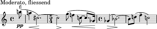 
\relative c'' {
\set Staff.midiInstrument = #"flute"
\set Score.tempoHideNote = ##t \tempo 4 = 50
\time 4/4
\set Score.barNumberVisibility = #all-bar-numbers-visible
\override TupletBracket #'stencil = ##f
\set Score.currentBarNumber = #1
   \key c\major
% Permit first bar number to be printed
\bar ""
\partial 8 
b'!8^"fl"(\pp\mark "Moderato, fliessend" | a!4\<  cis,2.\!~) |\time 5/4 <<cis2{s4\> s\! } >> g'8( f!4\< c!8~ c8. ges16\!) | \time 4/4 ges4\>( bes2.\!~) | bes8 d!( f4-- c!2) |
}
