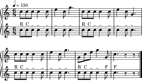 
trumpet = {
  \set Staff.instrumentName =  \markup \fontsize #-2 #" "
  \set Staff.midiInstrument = #"trumpet"
  \tempo  4=130
  \clef treble
  \time 6/8
  \override Staff.Rest.style = #'classical
  \relative c'' {
  c8[ c c] c4 c8 | e4 c8 g'4. | c,8[ c c] c4 c8 | e4 c8 g4. | \break
  c8[ c c] c4 c8 | e4 c8 g'4. | g,8[ c e] g4 g,8 | c4. r4 r8 \bar ":|."
 }
}


drum = \new DrumStaff \drummode {
  \set Staff.instrumentName =  \markup \fontsize #-2 #" "
  \set Staff.midiInstrument = #"drums"
  \tempo  4=130
  \clef treble
  \time 6/8
  \override Staff.Rest.style = #'classical
  sn8^\markup "R" sn^\markup "C" sn^\markup "_" sn4^\markup "_" sn8^\markup "_" | sn4^\markup "_" sn8^\markup "_" sn4.^\markup "_" | sn8^\markup "R" sn^\markup "C" sn^\markup "_" sn4^\markup "_" sn8^\markup "_" | sn4^\markup "_" sn8^\markup "_" sn4.^\markup "_" | \break
  sn8^\markup "R" sn^\markup "C" sn^\markup "_" sn4^\markup "_" sn8^\markup "_" | sn4^\markup "_" sn8^\markup "_" sn4.^\markup "_" | sn8^\markup "R" sn^\markup "C" sn^\markup "_" sn4^\markup "_" sn8^\markup "F" | sn4.^\markup "F" r4 r8 \bar ":|."
}

\score {
  \new GrandStaff 
<<
     { \trumpet }
     { \drum    }
>>
  
  \layout {
    indent = 0.0\cm
    \override Score.BarNumber #'stencil = ##f
    line-width = #120
  }
   \midi {
    \context {
      \Score
%      tempoWholesPerMinute = #(ly:make-moment 120 4)
    }
  }

}
\header { tagline = ##f}
\paper {
  print-page-number = ##f
}
