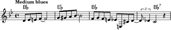 
\relative c' { 
<<
\new ChordNames { 
\set chordChanges = ##t
\chordmode { bes1  ees1 bes1~ bes4 bes2.:7} }

\new Staff {
\tempo "Medium blues"
\key bes \major
d8 ees e f~ f2 | g8 gis a bes~ bes2 | f8 g f e ees e, cis' d~ | \times 2/3 { d8 des4 } c2 r4 |
}
>>
}
