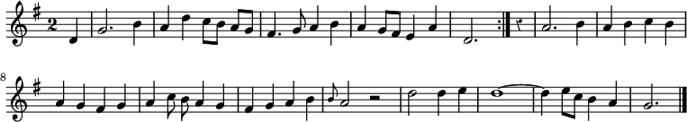 
\relative c' {
  \key g \major
  \override Staff.TimeSignature #'style = #'single-digit
  \time 2/2
  \partial 4
  \override Rest #'style = #'classical

  %deux lignes pour régler les ligatures des croches.
  \set Timing.baseMoment = #(ly:make-moment 1 8)
  \set Timing.beatStructure = #'(2 2 2 2)

  \repeat volta 2 {
    d4
    g2. b4
    a d c8 b a g
    fis4. g8 a4b
    a g8 fis e4 a
    d,2.
  }
  r4
  a'2. b4

  a b c b
  a g fis g
  a c8\noBeam b a4 g
  fis g a b
  \grace b8 a2 r
  d d4 e
  d1~
  d4 e8 c b4 a
  g2.
  \bar "|."
}
