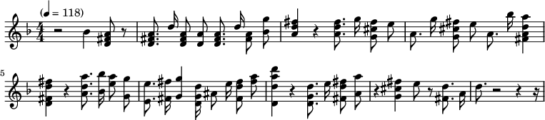 
<<
  \new Voice="melody" \relative c'' {
    \autoBeamOff
    %\voiceOne
    \language "deutsch"
    \key f \major
    \time 3/4
    % \override FirstVoice.DynamicText.direction = #UP
    \clef "treble" \numericTimeSignature\time 4/4 \key d \major | % 1
    \tempo "" 4=118 r2 \stemDown b4 \stemUp <a fis d>8 r8 | % 2
    \stemUp <d, a' fis>8. \stemUp d'16 \stemUp <d, a' fis>8 \stemUp <d
        a'>8 \stemUp <d a' fis>8. \stemUp d'16 \stemDown <a fis>8
    \stemDown <b g'>8 | % 3
    \stemUp <d fis a,>4 r4 \stemDown <d fis a,>8. \stemDown g16
    \stemDown <g, cis fis>8 \stemDown e'8 | % 4
    \stemDown a,8. \stemDown g'16 \stemDown <fis g, cis>8 \stemDown e8
    \stemDown a,8. \stemDown b'16 \stemDown <fis, a a' d,>4 | % 5
    \stemDown <d fis d' fis>4 r4 \stemDown <a' d a'>8. \stemDown <b' b,>16
    \stemDown <e, a>8 \stemDown <g, g'>8 | % 6
    \stemDown <e' e,>8. \stemDown <fis fis,>16 \stemUp <g g,>4 \stemDown
    <d, g d'>16 \stemDown ais'8 \stemDown e'16 \stemDown <d fis, fis'>8
    \stemDown <fis a>8 | % 7
    \stemDown <d, d' d' a>4 r4 \stemDown <d' d, g>8. \stemDown e16
    \stemDown <fis, fis' d>8 \stemDown <a a'>8 | % 8
    r4 \stemDown <g cis fis>4 \stemDown e'8 r8 \stemDown <d fis,>8.
    \stemDown a16 | % 9
    \stemDown d8. r2 r4 r16
  }
  \new Lyrics \lyricsto "melody"  {
   }
>>
