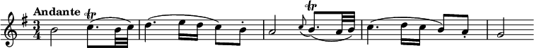 
\ relative c '' {\ set Score.tempoHideNote = ## t \ tempo "Andante" 4 = 70 \ key g \ major \ time 3/4 b2 c8. \ trill (b32 c) d4. (e16 d c8) b -.  a2 \ appoggiatura c8 b8. \ trill (a32 b) c4. (d16 c b8) a-.  g2}
