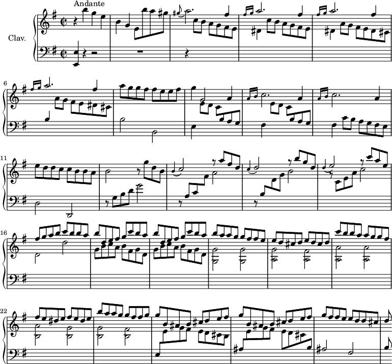 
\version "2.18.2"
\header {
  tagline = ##f
  % composer = "Domenico Scarlatti"
  % opus = "K. 232"
  % meter = "Andante"
}

%% les petites notes
%trillBesp     = { \tag #'print { bes4.\prall } \tag #'midi { c32 bes c bes~ bes4 } }

upper = \relative c'' {
  \clef treble 
  \key e \minor
  \time 2/2
  \tempo 2 = 72
  \set Staff.midiInstrument = #"harpsichord"
  \override TupletBracket.bracket-visibility = ##f

      s8*0^\markup{Andante}
      r4 b'4 g e | b g e8 b'' a gis | \appoggiatura gis8 a2. \stemUp fis4 | \repeat unfold 3 { \grace { \tempo 2 = 30 fis16 g }   \tempo 2 = 72 a2. \stemUp fis4 } \stemNeutral 
      % ms. 7
      a8 g g fis fis e e fis | g4 g,2 a4 |
      % ms. 9
      \repeat unfold 2 { \grace { \tempo 2 = 30 a16 b } \tempo 2 = 72 c2. a4 } | e'8 d d c c b b a | b2 r8 g'8 d b |
      % ms. 13
      \appoggiatura b4 \stemUp c2 g'8\rest a8 fis d | \appoggiatura c4 d2 g8\rest b8 g d | \appoggiatura d4 e2 g8\rest c8 a e | fis g a b c b b a |
      % ms. 17
      \repeat unfold 2 { b8 d, e fis g c b a } | b a a g g fis fis e | \repeat unfold 2 { e d cis d }
      % ms. 21
      c'8 b b a a g g fis| \repeat unfold 2 { fis e dis e } | b'8 a a g g fis fis g | \repeat unfold 2 { g b, ais b cis d e fis } |
      % ms. 26
      g8 fis fis e e d d cis | d
      % ms. 29
      

}

lower = \relative c' {
  \clef bass
  \key e \minor
  \time 2/2
  \set Staff.midiInstrument = #"harpsichord"
  \override TupletBracket.bracket-visibility = ##f

    % ************************************** \appoggiatura a16  \repeat unfold 2 {  } \times 2/3 { }   \omit TupletNumber 
      < e,, e' >4 r4 r2 | R1 | r4 \stemDown \change Staff = "upper" \repeat unfold 2 { c'''8 b a g fis e |
      % ms. 5
      dis4 } a'8 g fis e dis cis | \stemUp \change Staff = "lower" b4   \stemDown \change Staff = "upper" a'8 g fis e dis cis | \stemNeutral \change Staff = "lower" b2 b,2 | e4 \repeat unfold 2 { \stemDown \change Staff = "upper" e'8 d c \stemNeutral \change Staff = "lower" b a g |
      % ms. 9
      fis4 } c'8 b a g fis e | d2 d, | r8 g'8 b d g2 |
      % ms. 13
      r8 a,8 c \stemDown \change Staff = "upper" fis a2 | \stemUp \change Staff = "lower" r8 b,8 \stemDown \change Staff = "upper"  d g b2 | r8 c,8 e a c2 | d, d' |
      % ms. 17
      \repeat unfold 2 { g,8 b c a b fis g d } | < g, g' >2 q | < a g' > < a fis' >
      % ms. 21
      < a a' >2 q | < b a' > < b g' > | q < b fis' > | \stemUp \change Staff = "lower" e,8  \stemDown \change Staff = "upper"  e' g fis e d cis b |
      % ms. 25
      \stemUp \change Staff = "lower" ais8  \stemDown \change Staff = "upper" e' g fis e d cis \stemUp \change Staff = "lower"  b | ais2 fis | b8
      % ms. 29
      

}

thePianoStaff = \new PianoStaff <<
    \set PianoStaff.instrumentName = #"Clav."
    \new Staff = "upper" \upper
    \new Staff = "lower" \lower
  >>

\score {
  \keepWithTag #'print \thePianoStaff
  \layout {
      #(layout-set-staff-size 17)
    \context {
      \Score
     \override SpacingSpanner.common-shortest-duration = #(ly:make-moment 1/2)
      \remove "Metronome_mark_engraver"
    }
  }
}

\score {
  \keepWithTag #'midi \thePianoStaff
  \midi { }
}
