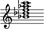 {
  % Rivin lopun pystyviiva ja tahtiosoitus piiloon.
  \override Score.BarLine.break-visibility = ##(#f #t #t)
  \override Staff.TimeSignature #'stencil = ##f
  
  <bes' des'' f'' aes'' c'''>1
}
