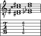  
<<
  %\override Score.BarLine.break-visibility = ##(#f #t #t)
  \time 2/1
    \new Staff  {
    \clef "treble_8"
        \once \override Staff.TimeSignature #'stencil = ##f
        < dis fis cisis' eis' >1 | < ees ges d' f' >1 |
    }

     \new TabStaff {
       \override Stem #'transparent = ##t
       \override Beam #'transparent = ##t 
      s2 < dis\5 fis\4 d'\3 f'\2 >1 s2
  }
>>
