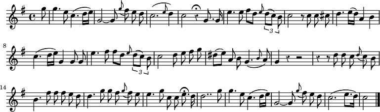 
\relative c''' {
  \override Rest #'style = #'classical
  \key g \major
  \partial 8
  \autoBeamOff
  g8
  g4. e8 c4.( d16[ e])
  g,2~ g8 \appoggiatura g' fis e d
  c2.( \grace e8 d4)
  c2 r4\fermata g8. g16
  e'4. e8 fis[ d] \grace e \times 2/3 { d[( c]) b }
  c2 r8 c c cis
  d4. e16[( d]) a4 b
  c4.( d16[ e]) g,4 g8 g
  e'4. fis8 fis[ d] \grace e \times 2/3 { d[( c]) b }
  c2 d8 e fis g
  dis[( e]) a, b g4.( \grace b8 a)
  g4 r r2
  r4 r8 d' d c \appoggiatura d c b
  b4. fis'8 fis fis e d
  d4. g8g fis \appoggiatura g fis e
  e4. g8 c, c e8.\fermata d16
  d2.. g8
  g4. e8 c4.( d16[ e])
  g,2~ g8 \appoggiatura g' fis e d
  c2.( e8.[ d16])
  c2
  \bar "|."
}
