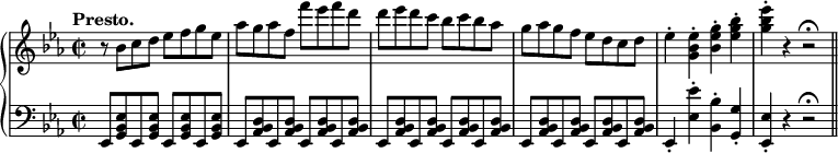 \relative c'' { \new PianoStaff <<  \new Staff {   \key es \major \time 2/2 \set Score.tempoHideNote = ##t \tempo "Presto." 4=250   r8 bes c d es f g es aes g aes f f' es f d   d es d c bes c bes aes g aes g f es d c d   es4-. <es bes g>-. <g es bes>-. <bes g es>-. <es bes g>-. r r2\fermata  }  \new Staff { \key es \major \time 2/2 \clef bass   es,,,,8 <es' bes g> es, <es' bes g> es, <es' bes g> es, <es' bes g>   es, <d' bes aes> es, <d' bes aes> es, <d' bes aes> es, <d' bes aes>   es, <d' bes aes> es, <d' bes aes> es, <d' bes aes> es, <d' bes aes>   es, <d' bes aes> es, <d' bes aes> es, <d' bes aes> es, <d' bes aes>   es,4-. <es'' es,>-. <bes bes,>-. <g g,>-. <es es,>-. r r2\fermata \bar "||"  } >>}