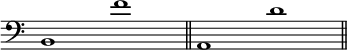 
\language "italiano"
melody = \relative do {
   \clef bass
   \time 4/2
   si1 fa'' \bar "||" la,, re' \bar "||"
}
\score {
  <<
    \new Voice = "mel"
    { \melody }
  >>
  \layout {
    \context { \Staff \RemoveEmptyStaves
               \remove "Time_signature_engraver"
    }
    \context { \Score
               \override SpacingSpanner.base-shortest-duration = #(ly:make-moment 1/64)
    }
    indent = 0.0\cm
    \override Score.BarNumber #'stencil = ##f
    line-width = #120
  }
   \midi {  }
}
\header { tagline = ##f}
\paper {
  print-page-number = ##f
}
