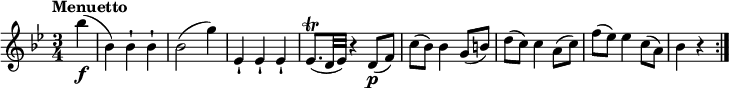 
\relative c'' {
  \key bes \major
  \time 3/4
  \tempo "Menuetto"
  \tempo 4 = 110
  \partial4 bes'4\f (bes,) bes-! bes-! bes2 (g'4)
  ees,-! ees-! ees-!
  ees8.\trill (d32 ees) r4 d8\p (f)
  c' (bes) bes4 g8 (b)
  d (c) c4 a8 (c)
  f (ees) ees4 c8 (a)
  bes4 r4 \bar ":|."
}
