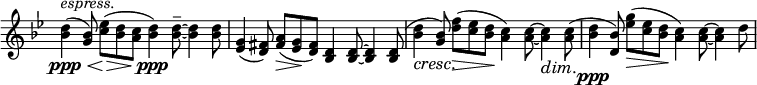 
\relative c' \new Staff \with { \remove "Time_signature_engraver" } {
 \key g \minor \time 12/8
 <d' bes>4\ppp ^\markup \italic espress. \<( <bes g>8) <es c>\>( <d bes> <c a> <d bes>4\ppp) <d~ bes~>8-- <d bes>4 <d bes>8
 <g, es>4( <fis d>8) <a fis>\>( <g es>\! <fis d>) <d bes>4 <d~ bes~>8 <d bes>4 <d bes>8(
 <d' bes>4\cresc <bes g>8) <f' d>\>( <es c> <d bes>\! <c a>4) <c~ a~>8 <c a>4\dim <c a>8\!(
 <d bes>4\ppp <bes d,>8) <g' es>\>( <es c> <d bes>\! <c a>4) <c~ a~>8 <c a>4 d8
}
