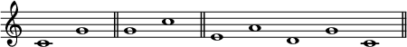 { \override Score.TimeSignature #'stencil = ##f \cadenzaOn
 c'1 g' \bar "||" g' c'' \bar "||" e' a' d' g' c' \bar "||" }