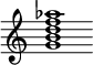 {
  % Rivin lopun pystyviiva ja tahtiosoitus piiloon.
  \override Score.BarLine.break-visibility = ##(#f #t #t)
  \override Staff.TimeSignature #'stencil = ##f
  
  <g' b' d'' f'' aes''>1
}
