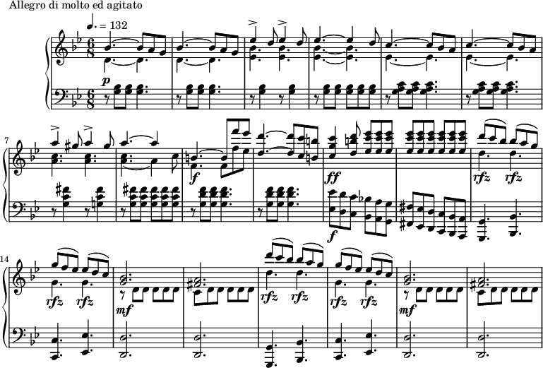 
\version "2.18.2"
\header {
 tagline = ##f
}
upper = \relative c'' {
 \clef treble 
 \key g \minor
 \time 6/8
 \tempo 4. = 132
 %\autoBeamOff

 %%Montgeroult — Étude 111 (pdf p. 197)
 \repeat unfold 2 { << { bes4.~ bes8 a g } \\ { d4.~ d } >> }
 << { \repeat unfold 2 { ees'4-> d8\! } } \\ { < bes ees, >4. < bes ees, > } >>
 << { ees4.~ ees4 d8 } \\ { < bes ees, >4.~ < bes ees, > } >>
 \repeat unfold 2 { << { c4.~ c8 bes a } \\ { ees4.~ ees } >> }
 << { \repeat unfold 2 { a'4-> gis8 } } \\ { < c, a >4. < c a > } >>
 << { a'4.~ a4 s8 b,4.~ b8 f'' ees < d d, >4.~ < d d, >8 < c c, > < b b, > < c g c, >4\ff < d b d, >8 < ees c ees, >8 q q q q q q q q } \\ { < c, a >4.( a4) c8 f,4.\f f8 f' ees } >>
 \repeat unfold 2 { << { d'8(\rfz c bes) bes(\rfz a g) g(\rfz f ees) ees(\rfz d c) < bes g >2.\mf < a fis > } \\ { d4. d g, g r8 d d d d d c d d d d d } >> }

}

lower = \relative c {
 \clef bass
 \key g \minor
 \time 6/8

 r8^\p \repeat unfold 2 { < bes' g >8 q < bes g >4. r8 } \repeat unfold 2 { < bes g >4 r8 }
 < bes g >8 q \repeat unfold 3 { < bes g >8 }
 \repeat unfold 2 { d,8\rest < c' a g >8 q < c a g >4. }
 r8 < fis c g >4 r8 < fis c g! >4 r8 < fis c g >8 < fis c g > \repeat unfold 3 { < fis c g >8 }
 \repeat unfold 2 { r8 < f d g, >8 q q4. }
 < ees ees, >8\f < d d, > < c c, > < bes! bes, > < a a, > < g g, > < fis fis, > < ees ees, > < d d, > < c c, > < bes bes, > < a a, >
 \repeat unfold 2 { < g g, >4. < bes bes, > < c c, > < ees ees, > < d d, >2. q }

}

 \header {
 piece = "Allegro di molto ed agitato"
 }

\score {
 \new PianoStaff <<
 \new Staff = "upper" \upper
 \new Staff = "lower" \lower
 >>
 \layout {
 \context {
 \Score
 %\remove "Metronome_mark_engraver"
 }
 }
 \midi { }
}
