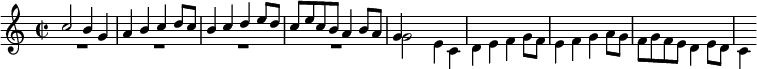 \relative c'' { \key c \major \time 2/2 <<
  { c2 b4 g | a b c d8 c | b4 c d e8 d | c e c b a4 b8 a | g4 } \\
  { R1*4 g2 e4 c | d e f g8 f | e4 f g a8 g | f g f e d4 e8 d | c4 } >> }