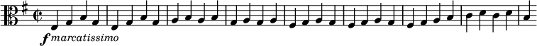 
\ relative c {\ clef alto \ time 2/2 \ key e \ minor \ set Score.tempoHideNote = ## t \ tempo 2 = 150 \ once \ override DynamicText # 'extra-offset = #' (- 2. 0) \ once \ override TextScript # 'extra-offset = #' (0. 2.5) e4 \ f_ \ markup {\ italic {marcatissimo}} gbgegbg ababgaga fis gag fis gag fis gabcdcd b}
