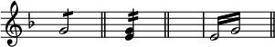 
\language "italiano"
melody = \relative do'' {
  \clef treble
  \key fa \major
  \time 4/4
  \omit Staff.TimeSignature
  s4 sol2:8 s4 \bar "||" s4 <sol mi>:16 s4 \bar "||" s4 \repeat tremolo 4 { mi16 sol } s4 \bar "||" \break
}
\score {
  <<
    \new Voice = "mel"
    { \melody }
  >>
  \layout {
    \context { \Staff \RemoveEmptyStaves }
    indent = 0.0\cm
    \override Score.BarNumber #'stencil = ##f
    line-width = #120
  }
   \midi {  }

}
\header { tagline = ##f}
\paper {
  print-page-number = ##f
}
