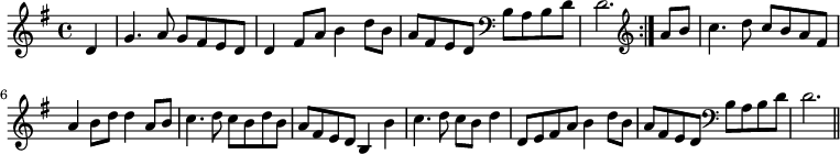 { \set Staff.midiInstrument = #"orchestral harp" \key g \major \time 4/4 \partial 4 \relative d' { \repeat volta 2 { d4 | g4. a8 g fis e d | d4 fis8 a b4 d8 b | a fis e d \clef bass b a b d | d2. } \clef treble a'8 b | c4. d8 c b a fis | a4 b8 d d4 a8 b | c4. d8 c b d b | a fis e d b4 b' | c4. d8 c b d4 | d,8 e fis a b4 d8 b | a fis e d \clef bass b a b d | d2. \bar "||" } }