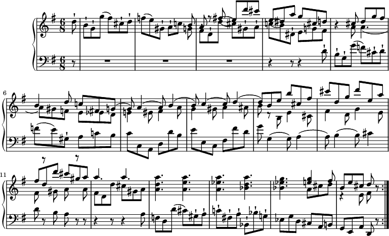 
\header {
 tagline = ##f
}
upper = \relative c'' {
 \version "2.18.2"
 \clef "treble" 
 \tempo "Allegro"
 \key g \major
 \time 6/8 
 \tempo 4 = 100
 \partial 8 d8-!
 b-! g-! g' (fis) cis-! d-!
 f! (e) gis,-! a-! c! 
 <<{\stemDown g8 fis-! d-! d' (cis) gis-! a-!} 
 \\ { \stemUp b8 a f'8\rest fis! (e) d' cis}>>
 <<{\stemDown c,!8 (b) dis,-! e g! fis} 
 \\ { \stemUp e'8 (dis) a' g cis, d}>> r4
 <<{\stemDown a8 a4. _ (a8) gis! f e ees d e!4 eis8 fis4 a8 g4 gis8 a4 ais8 b8} 
 \\ { \stemUp cis8 d g fis b,4 d8 c! fis,! g ^(g) a4 ^(a8) b4 ^(b8) c4 ^(c8) d4 ^(d8)}>>
 <<{\stemDown d,8\rest b8 e4 cis8} 
 \\ { \stemUp b'8 e b' cis, fis}>>
 <<{\stemDown fis,4 d8 g4 e8 fis8 r gis a r a} 
 \\ { \stemUp cis'8 d, g d' e, a fis d d' cis gis a}>>
 <<{\stemDown fis,8 d d' cis gis a} 
 \\ { \stemUp a'4. a4.}>>
 <a, d a'>4. <a e' a> <a ees' a> <bes d a'>
 <bes ees g> <<{\stemDown a8 cis d d,4\rest e8 fis} 
 \\ { \stemUp <e' g>4 fis8 b, e cis d}>> r8 \bar ":|."
}
lower = \relative c { 
 \clef "bass" 
 \key g \major
 \time 6/8 
 \partial 8 r8 R1*6/8*3 r4 r8 r4 d'8-!
 b-! g-! g' (f) cis-! d-! f (e) gis,-! a c! b
 c c, a d d' b
 e e, c fis fis' d
 g g,4 (g8) a4 (a8)
 b4 (b8) cis4 
 d8 r b a r8 r r4 r8 r4 a8
 f! d d' (cis) gis-! a-!
 c!-! fis,!-! a-! bes,-! bes'-! g!-!
 ees g d cis a b! g e a d, r \bar ":|."
} 
\score {
 \new PianoStaff << 
 \new Staff = "upper" \upper
 \new Staff = "lower" \lower
 >>
 \layout {
 \context {
 \Score
 \remove "Metronome_mark_engraver"
 }
 }
 \midi { }
}
