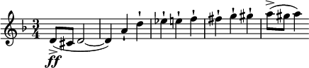 
new Score {
 new Staff {
  relative c' {
   time 3/4
   key d minor
   clef treble
   d8->(ff cis d2~<br />
   d4) a’-! d-!<br />
   es-! e-! f-!<br />
   fis-! g-! gis-!<br />
   a8(-> gis a4)<br />
  }<br />
 }<br />
}<br />
“/></div>
</dd>
</dl>
<p>また、「staccatissimo」という単語そのもの、あるいは略語である「staccatiss」を五線譜の上に書くことによって表すこともできる。作曲者の中には、モーツァルトのように、パッセージ全体をスターカッティシモで演奏してほしい場合に、点で表されるスタッカート記号と文字の指示を併用するものもいる<sup id=