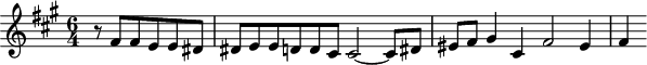 
\version "2.18.2"
\header {
  tagline = ##f
}

\score {
  \new Staff \with {

  }
<<
  \relative c' {
    \clef treble 
    \key fis \minor
    \time 6/4

     %% CONTRE-SUJET fugue CBT I-14, BWV 859, fa-dièse mineur
     \partial 2.
     r8 \transpose cis fis \relative c' { cis8 cis b b ais ais b b a a gis gis2~ gis8 ais bis cis dis4 gis, cis2 bis4 cis4 }

  }
>>
  \layout {
     \context { \Score \remove "Metronome_mark_engraver" 
     %\override SpacingSpanner.common-shortest-duration = #(ly:make-moment 1/2) 
}
  }
  \midi {} 
}
