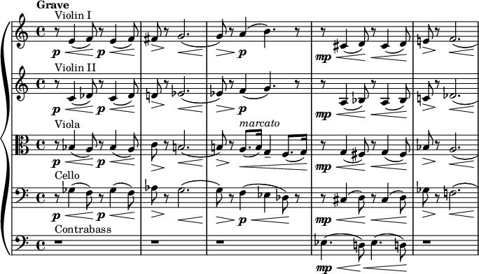  {\new PianoStaff {<<

\new Staff \relative c'{\set Staff.midiInstrument=#"violin" \time 4/4 \set Score.tempoHideNote = ##t \tempo "Grave" 4=50 \autoBeamOff \clef treble \key c \major ^"Violin I" |r8 \p \< e4(f8)\! r8 \p \< e4(f8)\!|\> fis8 r8 \! << g2.({ s4\< s4 s4 } >>\!|\> g8) r8 a4(\p b4.) r8|r8 \mp \< cis,4(d8) \! r8 \< cis4(d8)\!|\> e!8 r8 \! << f2.( { s4\< s4 s4 } >>\!|)}

\new Staff \relative c'{\set Staff.midiInstrument=#"violin" \time 4/4 \autoBeamOff \clef treble \key c \major ^"Violin II" |r8 \p \< c4(des8)\! r8 \p \< c4(des8)\!|\> d!8 r8 \! << ees2.({ s4\< s4 s4 } >>\!|\> ees8) r8 f4(\p g4.) r8|\mp \< r8 a,4(bes8) \! r8 \< a4(bes8)\!|\> c!8 r8 \! << des2.({ s4\< s4 s4 } >>\!|)}

\new Staff \relative c'{\set Staff.midiInstrument=#"viola" \time 4/4 \autoBeamOff \clef alto \key c \major ^"Viola" |r8 \p \< bes4(a8)\! r8 \p \< bes4(a8)\!|\> c8 r8 \! << b!2.({ s4\< s4 s4 } >>\!|\> b!8) r8 \! a8.(^\markup {\italic "marcato"} \< ) g4-- f8.()\!|\mp \< r8 g4(fis8) \! r8 \< g4(fis8)\!|\> bes8 r8 \! << a2.({ s4\< s4 s4 } >>\!|)}

\new Staff \relative c'{\set Staff.midiInstrument=#"cello" \time 4/4 \autoBeamOff \clef bass \key c \major ^"Cello" |r8 \p \< ges4(f8)\! r8 \p \< ges4(f8)\!|\> aes8 r8 \! << g2.({ s4\< s4 s4 } >>\!|\> g8) r8 f4(\p \< ees4 des8) \! r8|r8 \mp \< cis4(d8) \! r8 \< cis4(d8)\!|\> ges8 r8 \! << f!2.({ s4\< s4 s4 } >>\!|)}

\new Staff \relative c'{\set Staff.midiInstrument=#"contrabass" \time 4/4 \autoBeamOff \clef bass \key c \major ^"Contrabass" |r1|r1|r1|\mp \< ees,4.(d!8) \! \< ees4.(d!8)\!|r1|}>>}}