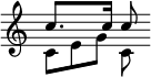 { \override Score.TimeSignature #'stencil = ##f \time 6/8 \relative c'' << { c8.[ c16] c8 } \\ { \override TupletNumber #'stencil = ##f \times 2/3 { c,[ e g] } c, } >> }