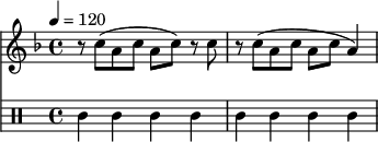 
<<
 \new Staff {
 \set Staff.midiInstrument = #"clarinet"
 \tempo 4 = 120
 \relative c' {
 \time 4/4
 \key f \major
 r8 c'8( a8 c8 a8 c8) r8 c8 r8 c8( a8 c8 a8 c8 a4)
 }
 }
 \drums {
 ssl4 4 4 4 4 4 4 4
 }
>>
