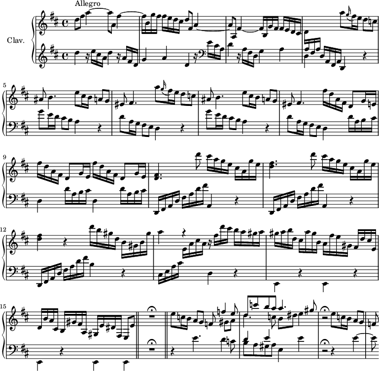 
\version "2.18.2"
\header {
  tagline = ##f
}

%% les petites notes
trillBesp     = { \tag #'print { bes4.\prall } \tag #'midi { c16 bes c bes c bes } }

upper = \relative c'' {
  \clef treble
  \key d \major
  \time 4/4
  \tempo 4 = 96
  \set Staff.midiInstrument = #"harpsichord"

      s8*0^\markup{Allegro}
      d8 fis a4~ a8 a, fis'4~ | fis16 b, g' fis fis e d cis d8 fis, a4~ | a8 a, fis'4~ fis16 b, g' fis fis e d cis |
      % ms. 4
      d16 \stemUp \change Staff = "lower" a fis a s4 \stemNeutral \change Staff = "upper" \repeat unfold 2 { a''8 \appoggiatura g16 fis16 e d8 c | ais8 b4. | e8  cis16 b a8 g | eis8 fis4. }
      % ms. 8 fin
      \repeat unfold 3 { fis'16 d a fis d8 g16 e } | 
      % ms. 10
      < d fis >4. d''8 cis16 a g e cis a g' e | < d fis >4. d'8 cis16 a g e cis a g' e | < d fis >4 r4 d'16 b gis d b gis b gis' |
      % ms. 13
      a4 g4\rest r16 fis d'cis b a gis a | gis a b d, cis a' gis b, a fis' e gis, fis d' cis e, | d b' a cis, b gis' fis a, gis e' dis   \tempo 4 = 82 fis, e8 e' \bar "||" R1\fermata \bar "||"
      % ms. 17
        \tempo 4 = 96 e'8 c16 b a8 g << { f8 f'4 e8 | d c' b a a4. gis8 } \\ { s4 gis,8 a | \mergeDifferentlyDottedOn d4. c8 b dis e4 } >>   \tempo 4 = 82 r2\fermata   \tempo 4 = 96 e8 c16 b a8 g | f

}

lower = \relative c' {
  \clef bass
  \key d \major
  \time 4/4
  \set Staff.midiInstrument = #"harpsichord"

    % **************************************
        \clef treble d'4 r16 e cis a d4 r16 a fis d | g4 a d, r16   \clef bass e16 cis a | d4 r16 a fis d g4 a |
      % ms. 4
      d,4 d16 a fis a d,4 \repeat unfold 2 { r4 | g''8 e16 d cis8 b a4 r4 | d8 a16 g fis8 e d4 }
      % ms. 8 fin
      \repeat unfold 2 { d'16 a b cis d,4 } d'16 a b cis |
      % ms. 10
      \repeat unfold 2 { d,,16 fis a d fis a d fis a,,4 r4 } d,16 fis a d fis a d fis b,4 r4
      % ms. 13
      cis,16 e a cis \stemDown \change Staff = "upper" e a cis a \change Staff = "lower" d,,4 \repeat unfold 4 { r4 | e,4 } e | R1\fermata
      % ms. 17
      r4 e''4. d4 c8 | << { d4 e } \\ { b8 a gis a e4 e' } >> r2\fermata r4 e4~ e8

}

thePianoStaff = \new PianoStaff <<
    \set PianoStaff.instrumentName = #"Clav."
    \new Staff = "upper" \upper
    \new Staff = "lower" \lower
  >>

\score {
  \keepWithTag #'print \thePianoStaff
  \layout {
      #(layout-set-staff-size 17)
    \context {
      \Score
     \override SpacingSpanner.common-shortest-duration = #(ly:make-moment 1/2)
      \remove "Metronome_mark_engraver"
    }
  }
}

\score {
  \keepWithTag #'midi \thePianoStaff
  \midi { }
}
