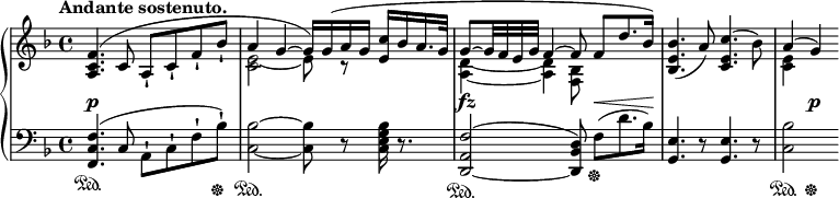 
 \relative c' {
  \new PianoStaff <<
   \new Staff { \key f \major \time 4/4
    \set Score.tempoHideNote = ##t \tempo "Andante sostenuto." 4=68
    \override Score.NonMusicalPaperColumn #'line-break-permission = ##f
    <<
     { 
      <f c a>4.( c8 a_! c_! f_! bes_! a4 g~ g16) g( a g <c e,> bes a16. g32
      g8~ g32 f e g f4~ f8 f[ d'8. bes16] )
     }
    \\
     { s1 <e,~ c>2 e8 r s4 <d a>~ q <bes f>8 s4 }
    >>
    <bes' e, bes>4.( a8) <c e, c>4.( bes8) << { a4( g) } \\ { <e c> } >>
   }
   \new Dynamics {
    s1\p s s4\fz s s8 s\< s8. s16\! s1 s4 s\p
   }
   \new Staff { \key f \major \time 4/4 \clef bass
    <f, c f,>4.\sustainOn ( c8 a-! c-! f-! bes-!\sustainOff)
    <bes c,>2\sustainOn ~ q8 r <bes g e c>16 r8.
    <f a, d,~>2^( \sustainOn <d bes d,>8) f[ \sustainOff ( d'8. bes16) ]
    <e, g,>4. r8 <e g,>4. r8 <bes' c,>2*1/2 \sustainOn s4\sustainOff
   }
  >>
 }
