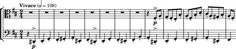 
\new StaffGroup <<
  \new Staff { \relative c'' {
    \key d \major \clef alto
    \set Staff.midiInstrument = "violin"
    \tempo "Vivace" 2 = 108
    \time 2/4
    \compressMMRests {
    R2
    R2
    R2
    R2
    R2
    R2
    R2
    R2}
    r4 fis,,8-.^\accent\p a-.
    g-. [ fis-. e-. b'-. ]
    a-. [ fis-. b-. d-. ]
    cis-. [ a-. gis-. b-. ]
    a-. fis-.
  }}
  \new Staff { \relative c {
    \key d \major \clef bass
    \set Staff.midiInstrument = "cello"
    r4 dis,-.^\accent\p
    e-. g-.
    fis-. gis-.
    a-. eis-.
    fis-. dis-.^\accent
    e-. g-.
    fis-. eis-.
    fis-. b-.
    a-. dis,-.^\accent
    e-. g-.
    fis-. gis-.
    a-. eis-.
    fis 
  }}
>>
