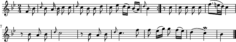 
\relative c' {
  \key bes \major
  \time 2/4
  \partial 4
  \autoBeamOff
  \repeat volta 2 {
    f8 bes
    \grace c bes a16 bes c8 c
    \grace d c bes bes d
    c es d16[( c]) bes[( a])
    \grace d8 bes4
  } r8 c
  c c c c
  f8.[( e32 d]) c4

  r8 bes a bes
  \grace d c2
  r8 bes a bes
  \grace d c4. f8
  f es16[( g]) g8 f16[( es])
  d4( c)\mordent
  bes
  \bar "|."
}
