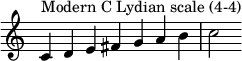  {
\override Score.TimeSignature #'stencil = ##f
\relative c' { 
  \clef treble \time 7/4
  c4^\markup { Modern C Lydian scale (4-4) } d e fis g a b c2
} }
