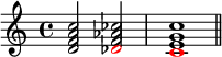  { \new Staff <<\new Voice \relative c' {  \clef treble \key c \major \time 4/4   \override NoteColumn.force-hshift = #1 \override NoteHead.color = #red s2 des \override NoteColumn.force-hshift = #0.5 c1} \new Voice \relative c' {  \clef treble \key c \major \time 4/4   <d f a c>2 <f aes ces> <e g c>1 \bar "||"}>> }