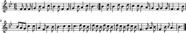 
\relative c' {
  \key bes \major
  \time 6/8
  \partial 4.
  \autoBeamOff
  \repeat volta 2 {
    f8 f f
    g4 bes8 a4 c8
    bes4 bes8 f4 f8
    g4 bes8 a4 c8
    bes4.
  }
  bes4 d8
  bes4 d8 bes4 d8

  c4 c8 bes4 a8
  g4 f8 g4 g8
  f4. f4 bes8
  bes[ a g] c4 c8
  a4 f8 bes4 bes8
  bes4.c4 c8
  c4. d8 c bes

  d c bes d c bes
  d c bes d c bes
  f4. g8 a bes
  f4 bes8 \grace bes a4.
  bes
  \bar "|."
}
