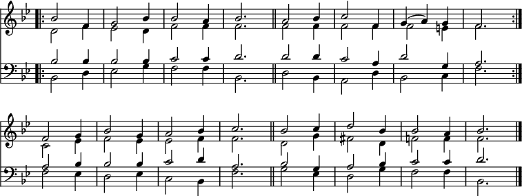 
<< <<
\new Staff { \clef treble \time 3/4 \key bes \major \set Staff.midiInstrument = "church organ" \omit Staff.TimeSignature \set Score.tempoHideNote = ##t \override Score.BarNumber  #'transparent = ##t
  \relative c'' 
  \repeat volta 2 { << { \bar ".|:" bes2 f4 | g2 bes4 | bes2 a4 | bes2. \bar"||" | a2 bes4 | c2 f,4 | g4( a) g | f2. \break } \\
  { d2 f4 | es2 d4 | f2 f4 | f2. | f2 f4 | f2 f4 | f2 e4 | f2. } >> }
  \relative c' {
  << { f2 g4 | bes2 g4 | a2 bes4 | c2. \bar"||" | bes2 c4 | d2 bes4 | bes2 a4 | bes2. \bar"|." } \\
  { c,2 es4 | f2 es4 | es2 f4 | f2. | d2 g4 | fis2 d4 | f!2 f4 | f2. } >> }
}
\new Staff { \clef bass \key bes \major \set Staff.midiInstrument = "church organ" \omit Staff.TimeSignature
  \relative c'
  \repeat volta 2 { << { bes2 bes4 | bes2 bes4 | c2 c4 | d2. | d2 d4 | c2 a4 | d2 g,4 | a2. } \\
  { bes,2 d4 | es2 g4 | f2 f4 | bes,2. | d2 bes4 | a2 d4 | bes2 c4 | f2. } >> }
  \relative c' {
  << { a2 bes4 | bes2 bes4 | c2 d4 | a2. | bes2 g4 | a2 bes4 | c2 c4 | d2. } \\
  { f,2 es4 | d2 es4 | c2 bes4 | f'2. | g2 es4 | d2 g4 | f2 f4 | bes,2. } >> }
}
>> >>
\layout { indent = #0 }
\midi { \tempo 4 = 120 }
