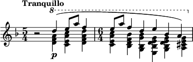 
{\new PianoStaff <<
\new Staff 
 \relative c'' <<
 { 
 \clef treble 
 \key f\major
 \set Score.tempoHideNote = ##t 
 \tempo "Tranquillo" 4=88
 \time 5/4 b2\rest \ottava #1 d'4\p( e8 a f4
 \time 6/4 e8 a f4 d e bes a)
 }
 \\
 \relative c'' {
 \time 5/4 s2 \ottava #1 <d f a>4 <c e a c>4 <d f a d>4
 \time 6/4 <c e a c> <bes d bes' f> <g bes g' bes> <e bes' d e g> <g bes d e g> <a cis e g>
 }
 >>
>>}
