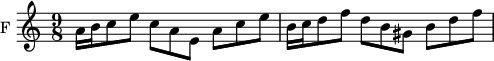 
\language "italiano"
\score {
 \new Staff \with { instrumentName = "F " } <<
 \new Voice = "first"
    \relative { \voiceOne 
      \clef treble
      \time 9/8
        \stemDown la'16 si do8 mi do la mi la do mi | si16 do re8 fa re si sold si re fa |
    }
 >>
 \layout {
    \context { \Staff \RemoveEmptyStaves }
    indent = 0\cm
    line-width = #120
    \override Score.BarNumber #'stencil = ##f
  }
  \midi { }
}
\header { tagline = ##f}
